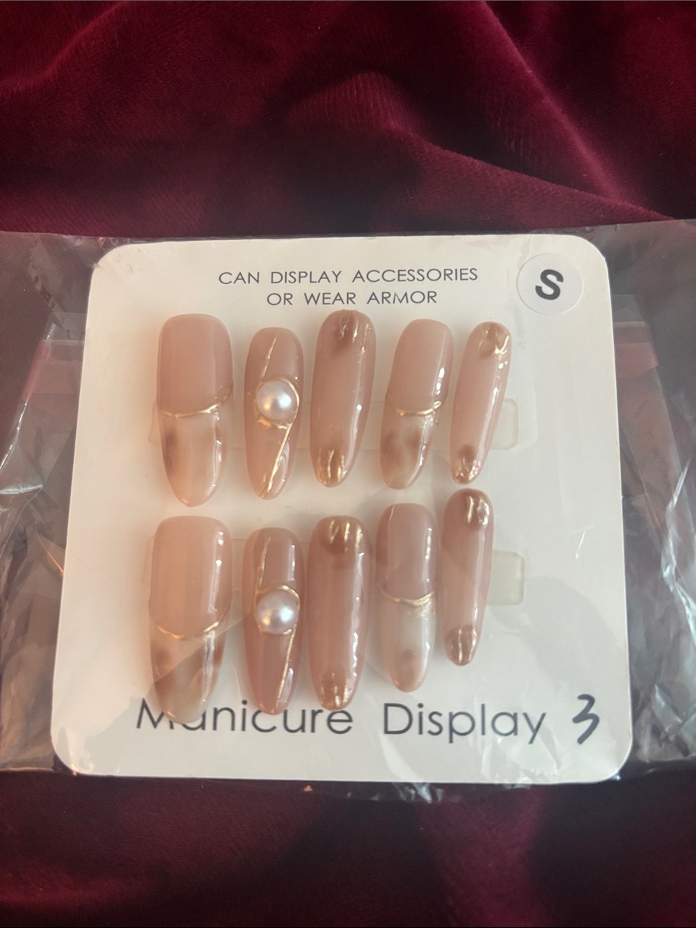 Neutral Nude Pearl Press-On Nails with Gold Accent